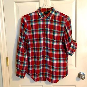 Lauren Ralph Lauren Size Small, red, green, blue plaid button down shirt, linen
